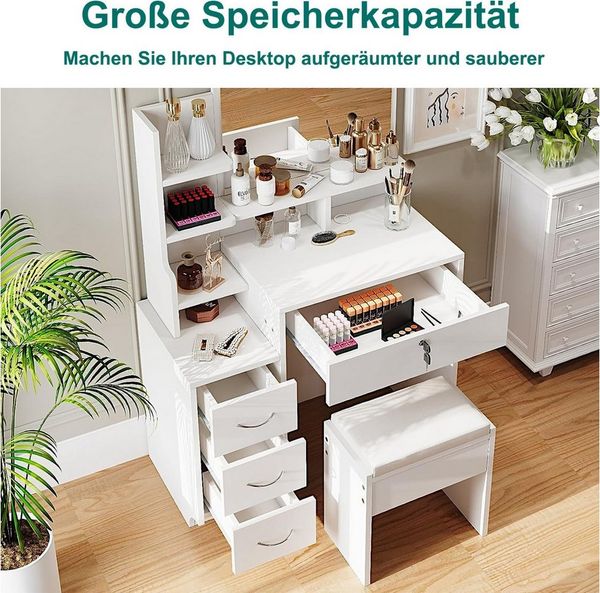 OUNUO Schminktisch Frisiertisch mit Spiegel Hocker und 4 Schubladen Kosmetiktisch