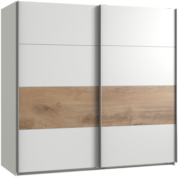 Schwebetürenschrank >Bert< 2 Böden, 2 Stangen, Weiß / Plankeneiche Dekor - 225x208x65cm (BxHxT)