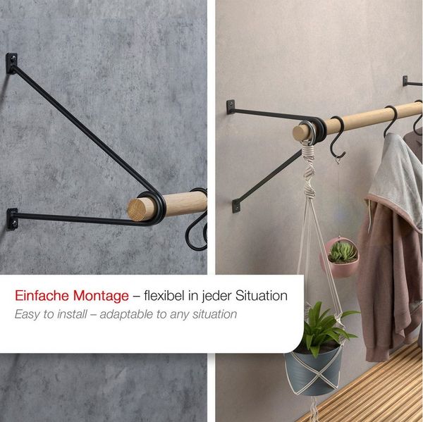 SO-TECH® Wandgarderobe 260 x 250 mm mit Ø 30 mm Kleiderstange aus Holz (Spar-Set, 1 St), Schwarz lackiert mit 50 cm Garderobenstange aus Eiche