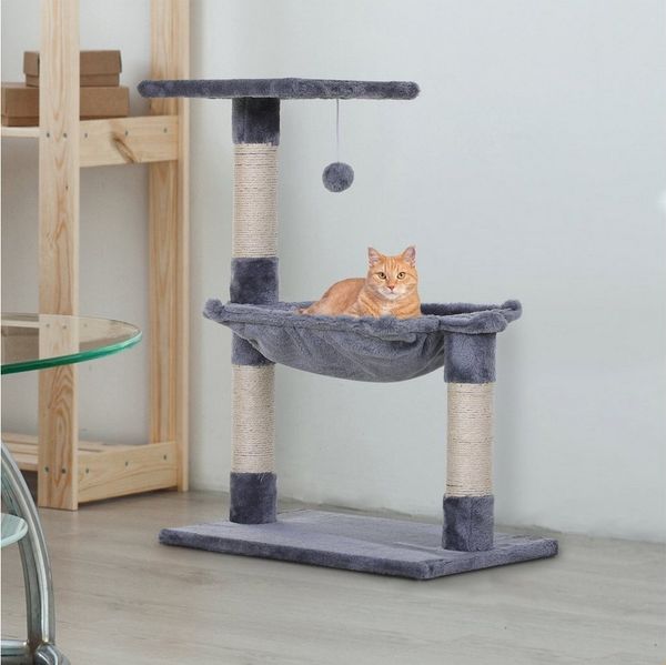 PawHut Kratzbaum Kletterbaum Katzenbaum Kratzbaum mit Sisalsäule Plüsch-Hängematte, Spanplatte Grau 50 x 36 x 70 cm