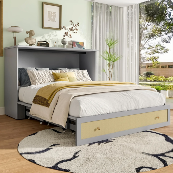 Schrankbett mit Mehrfachsteckdose und Stauraum, 140x200 cm, Wandklappbett, horizontal klappbar, platzsparend, Holz