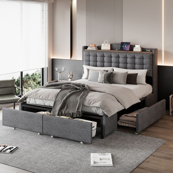 Polsterbett 140x200 cm aus Leinenstoff mit Stauraum und USB-Anschluss – modernes Doppelbett mit 4 Schubladen
