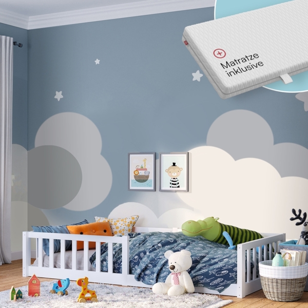 Bellabino 'Vere' Bodenbett 80x160 cm mit Matratze, weiß, Massivholz Kiefer, Montessori Kinderbett mit Rausfallschutz und Lattenrost