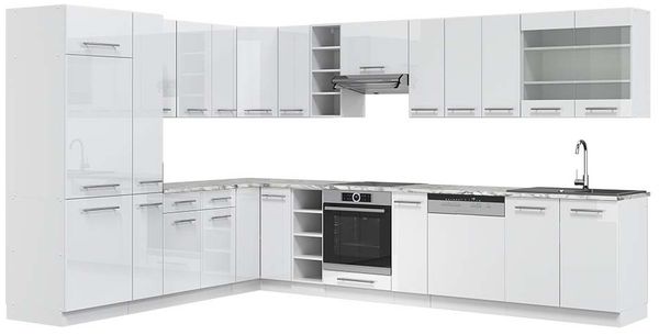 Eckküche Fame-Line Weiß Hochglanz/Weiß 347 x 60 cm , AP Marmor Vicco