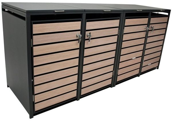 DEGAMO Mülltonnenbox BERLIN (1 St), Stahl grau, Türen in Holzoptik, für 4 Tonnen 120 oder 240 Liter