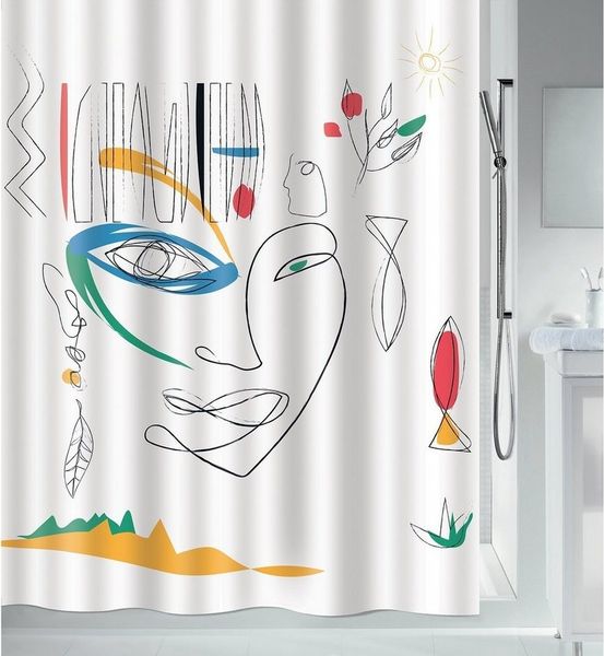 spirella Duschvorhang FACES Breite 180 cm, Premium Textil-Duschvorhang, 100% Polyester, wasserabweisend, Anti-Schimmel-Effekt, waschbar 30°, modern-abstraktes Design, Farbe weiß-bunt, Größe 180 x 200 cm
