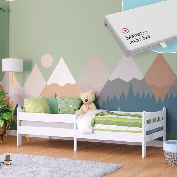 Bellabino 'Kuru' Kinderbett 90x200 cm mit Matratze, weiß, Jugendbett mit Rausfallschutz und Lattenrost
