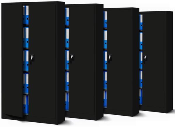 MegaDeal 4x Aktenschrank abschließbar JAN - 5 Ebenen verstellbar, Flügeltüren | Metallschrank Werkstatt Mehrzweckschrank Büroschrank aus Stahl Werkzeugschrank, 185x90x40cm Schwarz