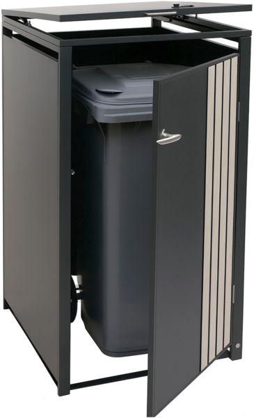 1er-Mülltonnenverkleidung HWC-O67, Mülltonnenbox mit Deckel, Metall 122x68x84cm 35kg ~ anthrazit Holzoptik hell