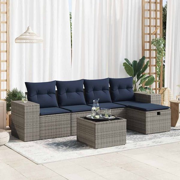 vidaXL 6-tlg. Garten-Sofagarnitur mit Kissen Grau Poly Rattan 3325677