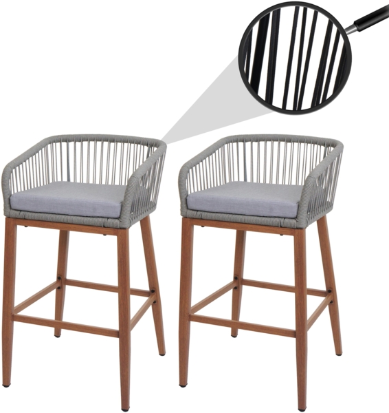 2er-Set Rope-Barhocker HWC-O22, Outdoor Sitzpolster Seilgeflecht Metall Holz-Optik ~ hellgrau, Kissen hellgrau