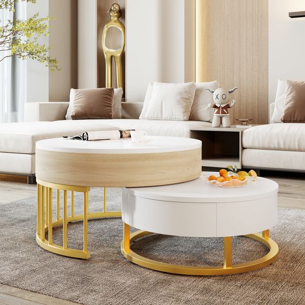 Couchtisch MDF mit höhenverstellbarer Platte & Schublade, 70 x 70 x 56 cm + 60 x 60 x 27 cm, Weiß/Gold