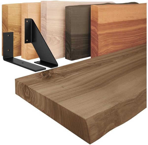 LAMO Manufaktur Wandregal Holz Baumkante Regal Farbe: Nussbaum mit weißem Basic 40 cm, Komplett-Set, 40mm stake Massivholzplatte