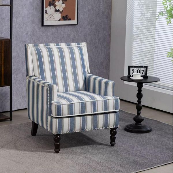 MC Star Polsterstuhl Polster-Akzentstuhl,Vintage Sessel mit blau-weiß gestreiftem (Leinenstoff und Nagelkopfeinfassung für das Wohnzimmer)