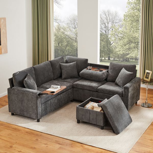 Merax Chenille-Ecksofa, 205cm L-förmiges Sofa mit Schlaffunktion, Ausziehsofa mit Hocker, Leselampe, USB&Type-C, Ausgestattet mit verstecktem Tisch, Ausklappbarer Couchtisch mit zwei Getränkehaltern, Grau