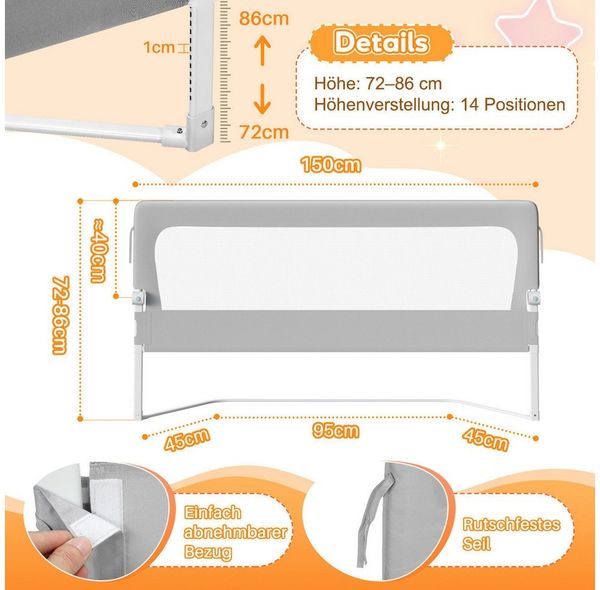 Clanmacy Bettschutzgitter 3X Bettgitter Babybettgitter Kinderbettgitter Rausfallschutz Kinder (150+200+200cm, 3 St)