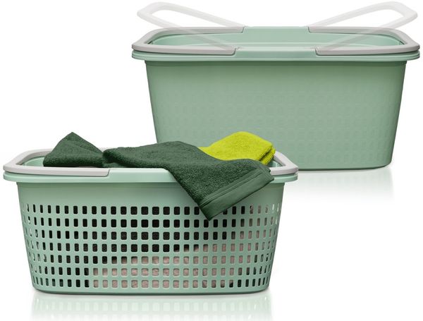 Hausfelder Wäschekorb Wäschewanne 58 x 37 x 25 cm (Jadegrün, 1 Korb + 1 Wanne, 35 l) (Set, 2 St, 1 x Wäschekorb + 1 x Wäschewanne), mit klappbaren Henkeln, mit Griffen, 35 Liter