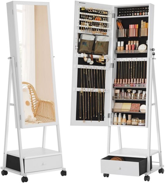 Songmics Schmuckschrank, Ganzkörperspiegel, Spiegelschrank, abschließbarer Schmuckorganizer mit Schublade, Rollen, 41,5 x 37 x 152,5 cm, Weiß