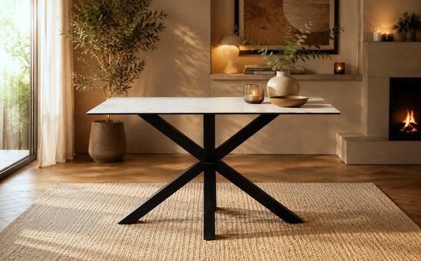 AC Design Furniture Heather Rechteckiger Esstisch für 4 Personen, Tischplatte in Weißer Marmoroptik und Metallkreuzgestell, Küchentisch mit Keramikoberfläche, Kratzfest, B: 135 x H: 75,5 x T: 80 cm