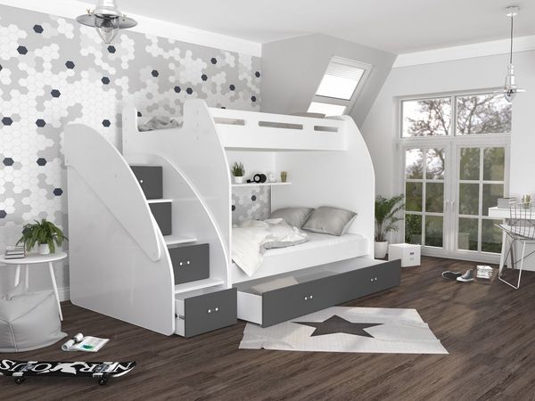 AJKmeble Hochbett Etagenbett 90x200 / 120x200cm, Treppe und Ausziehbett für 2 Kinder (MADE IN EU - wählbar in Farben weiß, blau, grün, rosa oder grau, für Jungen und Mädchen, Jugendbett) Treppe beidseitig montierbar