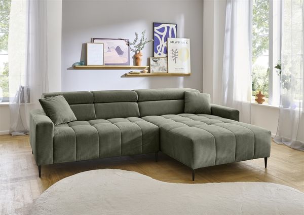 Wohnlandschaft >Stanislaw< elektr. Sitztiefenverstellung, Cord grün - 256x100x180cm (BxHxT)