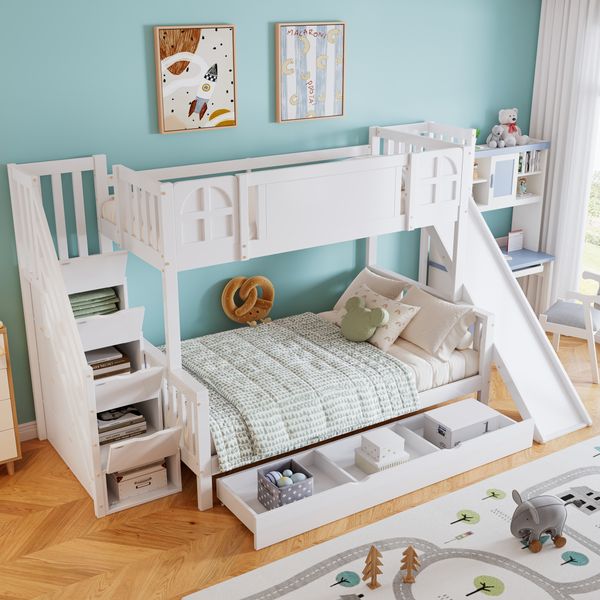 Etagenbett mit Liegefläche 90x200 und 120x200 cm, Fenster, Rutsche, Stauraumtreppe und Schublade, Weiß