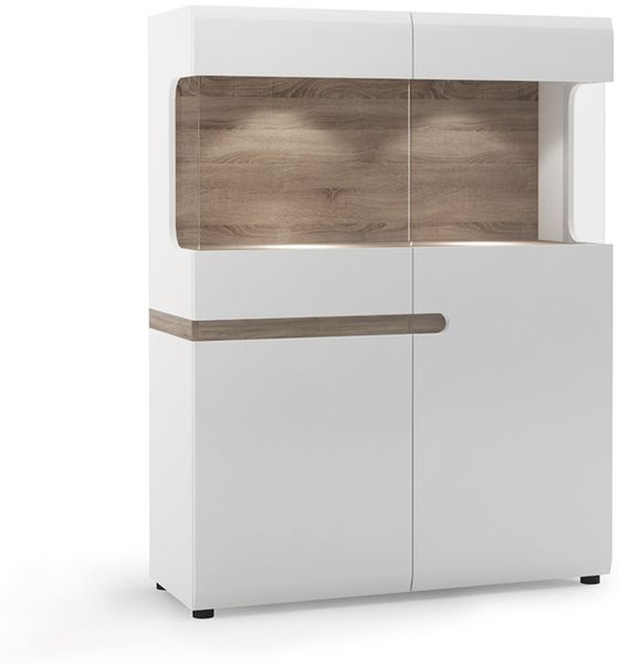 Ess-/Wohnzimmer Highboard weiß Hochglanz mit Trüffel Eiche Nb. LEGNICA-129, B/H/T ca. 109,5/143,5/42 cm