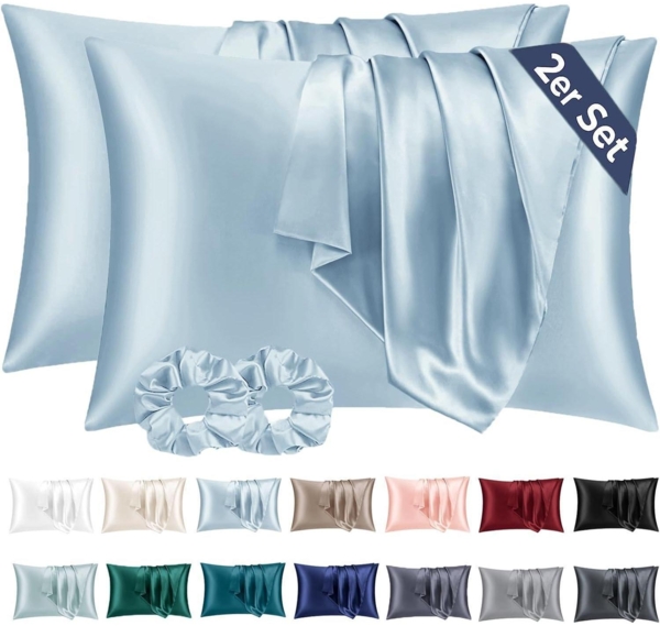 Satin Kissenbezug 40x60 Hellblau 2er Set Haargummis & Umschlagverschluss