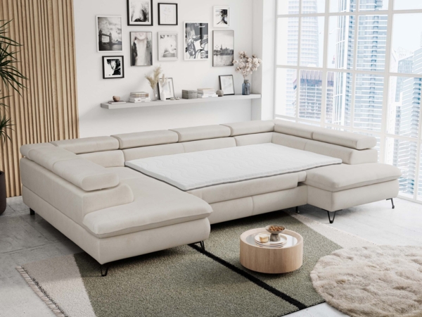 Mks Möbel 'Peter U' Wohnlandschaft mit Bettkasten, Bettfunktion & einstellbaren Kopfstützen, Creme, Mikrofaser, mit Topper Bild 5