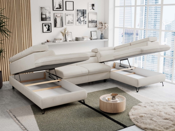 Mks Möbel 'Peter U' Wohnlandschaft mit Bettkasten, Bettfunktion & einstellbaren Kopfstützen, Creme, Mikrofaser, mit Topper Bild 3