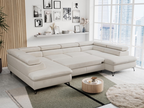 Mks Möbel 'Peter U' Wohnlandschaft mit Bettkasten, Bettfunktion & einstellbaren Kopfstützen, Creme, Mikrofaser, mit Topper Bild 4