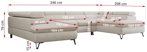 Mks Möbel 'Peter U' Wohnlandschaft mit Bettkasten, Bettfunktion & einstellbaren Kopfstützen, Creme, Mikrofaser, mit Topper Bild 8