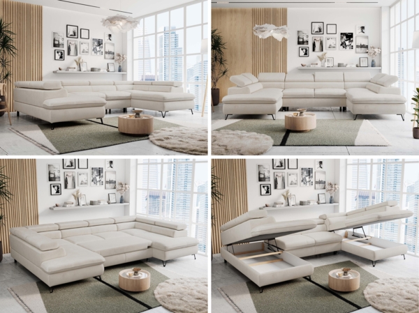 Mks Möbel 'Peter U' Wohnlandschaft mit Bettkasten, Bettfunktion & einstellbaren Kopfstützen, Creme, Mikrofaser, mit Topper Bild 2