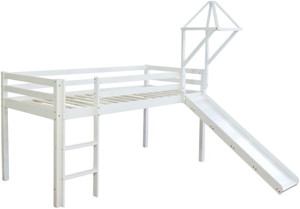 Hochbett Spielbett Kinder 90x200 cm mit Leiter & Rutsche, Turm Bettgestell, Holz Massiv, Rosa Pink Bild 2