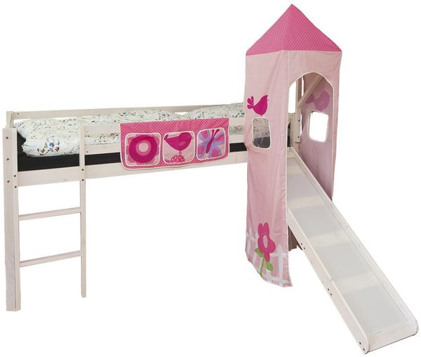 Hochbett Spielbett Kinder 90x200 cm mit Leiter & Rutsche, Turm Bettgestell, Holz Massiv, Rosa Pink Bild 9