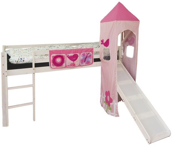 Hochbett Spielbett Kinder 90x200 cm mit Leiter & Rutsche, Turm Bettgestell, Holz Massiv, Rosa Pink Bild 5