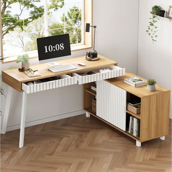 Merax Eckschreibtisch L-förmiger Schreibtisch mit 2 Schubladen und Türen (1-St, Moderner Minimalistischer Stil), mit Vertikalem Streifenmuster