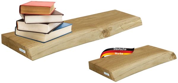 2er Set Wandregal Holz HYDI - Eichenholz Massiv | Bücherregal Schwebendes Regal Hängeregale für Wohnzimmer | Mit Baumkante