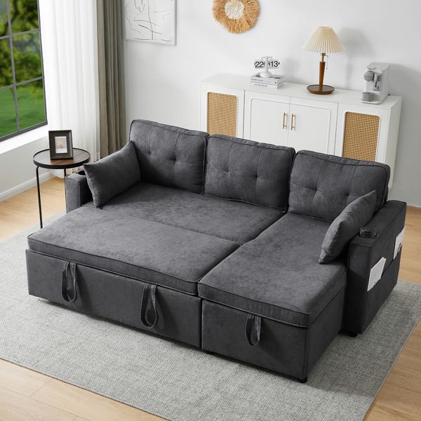 Schlafsofa mit Schlaffunktion, L-förmiges Sofa, modernes Design, Polstermöbel, Sofa, Loungesessel mit Stauraum, Wohnzimmer-Schlafsofa, links und rechts austauschbar, Grau