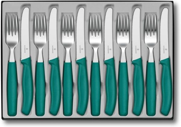 Victorinox Classic Besteck-Set mit Tafelmesser und Gabel, 12-teilig, Extra Scharfe Klinge, Wellenschliff, 11 cm, Rostfreier Stahl, Grün