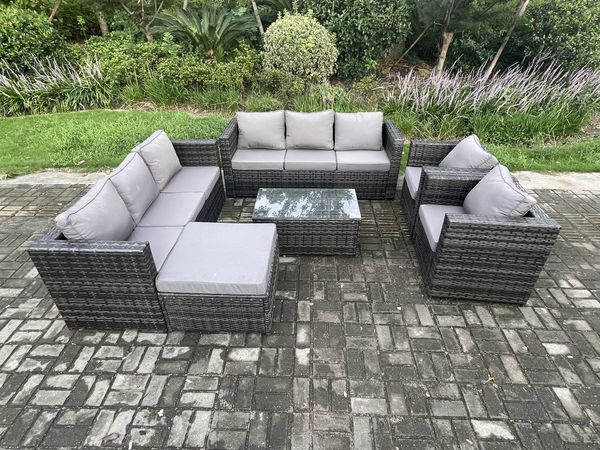 Fimous Outdoor Lounge Sofa Set Wicker PE Rattan Gartenmöbel Set mit 2 Sessel Oblong Couchtisch Großer Fußhocker Dunkelgrau Gemischt