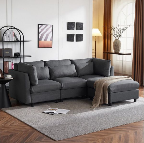 Merax 3-Sitzer mit Hocker, XXL Sofa, aus Leinen mit 2 Kissen,Sofagarnitur,Loungesofa,modulare Couch