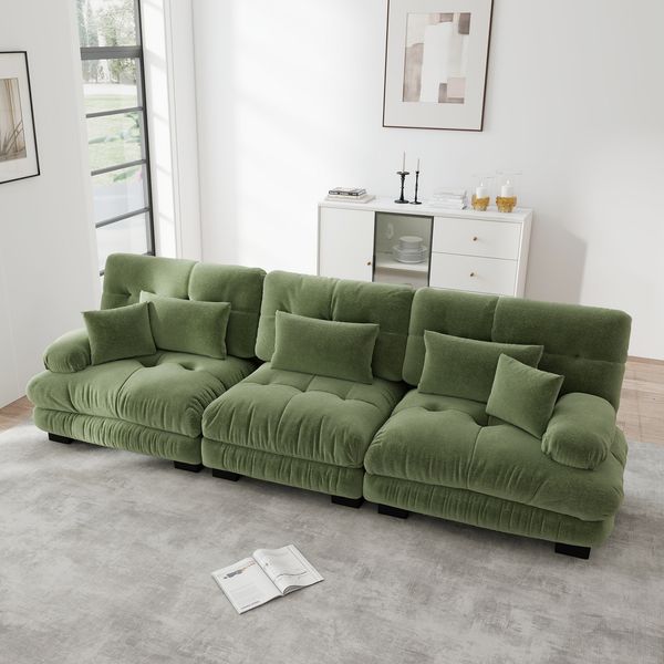 Sofa modular aus Chenille in Grün mit tiefem Sitz und runden Polsterarmlehnen,81x313x77 cm