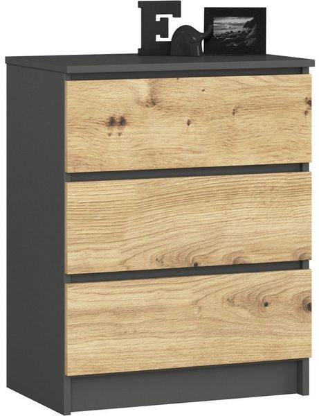 Milord FURNITURE Kommode mit 3 Schubladen 60 cm breit Holz Schrank B60xH77xT40 cm (Highboard Anrichte Schlafzimmer Wohnzimmer Flur Büro Organizer)