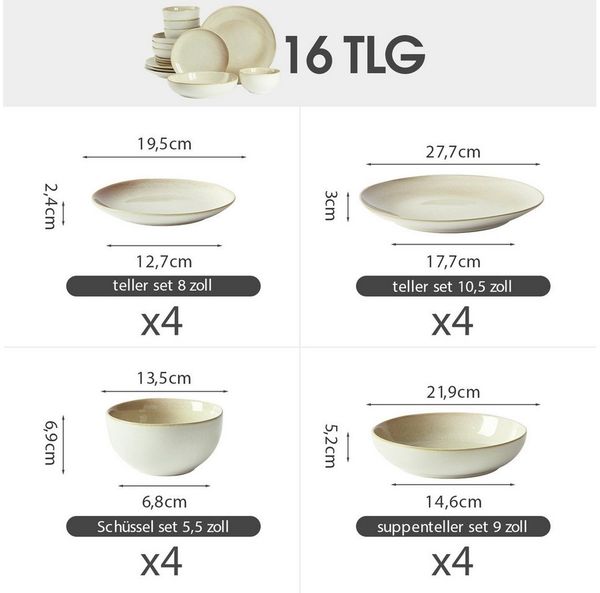 JIWOO Geschirr-Set 16er Kombiservice Teller-Set Tafelservice Schüssel-Set Speiseteller (16-tlg), 4 Personen, Keramik, Hochwertiges Geschirr set Blau Mikrowellen spülmaschinenfest