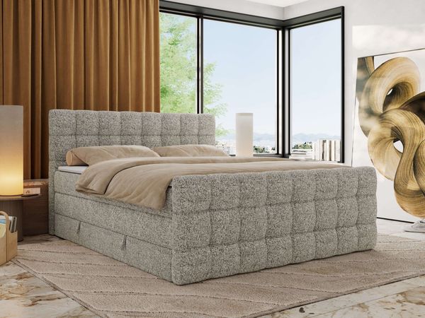 Boxspringbett ALTIVO KING DUO, Doppelbett mit Stauraum Multipocket-Matratze und Topper Bett mit Kopfteil, Fußteil - 140 x 200 cm - Beige Strukture - H3