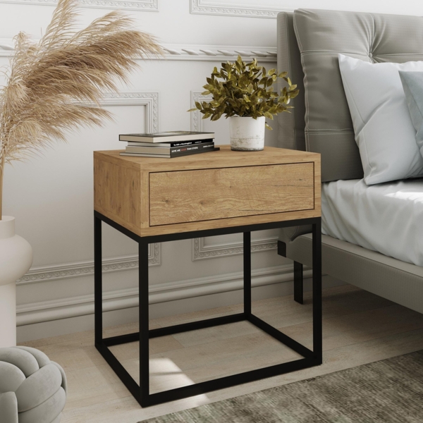 AX LIVING Nachttisch Kommode Aleio 45 cm Eiche Wotan schwarzes Gestell Bild 1