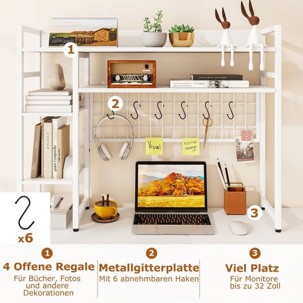 COSTWAY Bücherregal, Schreibtischregal Aufsatzregal mit Haken, 94x25x74cm
