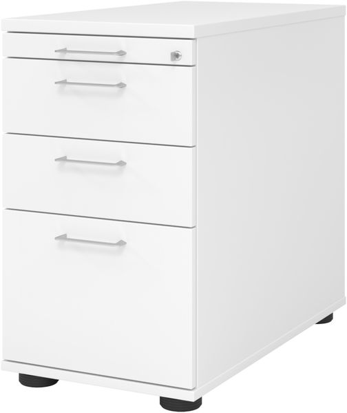 bümö Schreibtisch Schrank Büro mit Hängeregister für Hängeordner, Schubladenschrank Holz in weiß, Container mit Schubladen & Hängeregistratur - Schreibtisch Kommode mit Bügelgriffe, SC40-W-W-BS