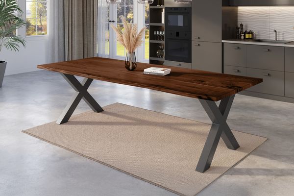 Esstisch Baumkante massiv Akazie nussbaum 240 x 100 schwarz X-Gestell NICK 163999879